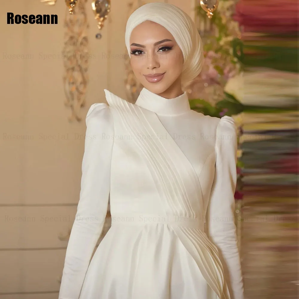 Мусульманские свадебные платья трапециевидной формы цвета слоновой кости с высоким воротником, атласная лента с оборками, шлейф-кисточка Длиной до пола, платье невесты robe de mariée