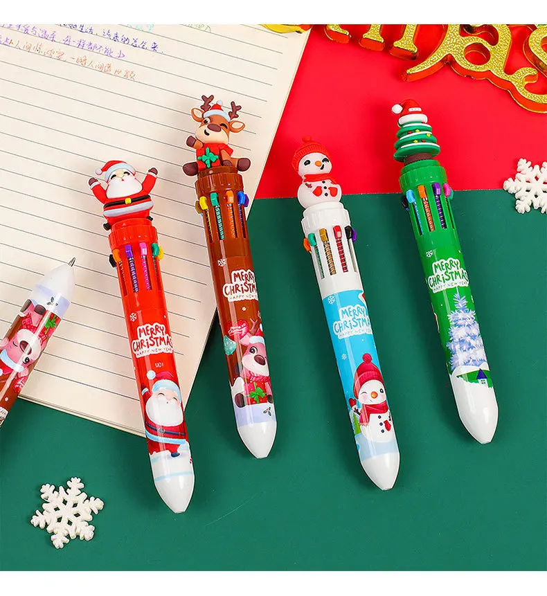 10шт Рождественская 10-цветная шариковая ручка Студенческая пресс-ручка Цветная ручка Санта-Клаус Шариковая ручка 0,5 мм Школьные канцелярские принадлежности Подарки для детей