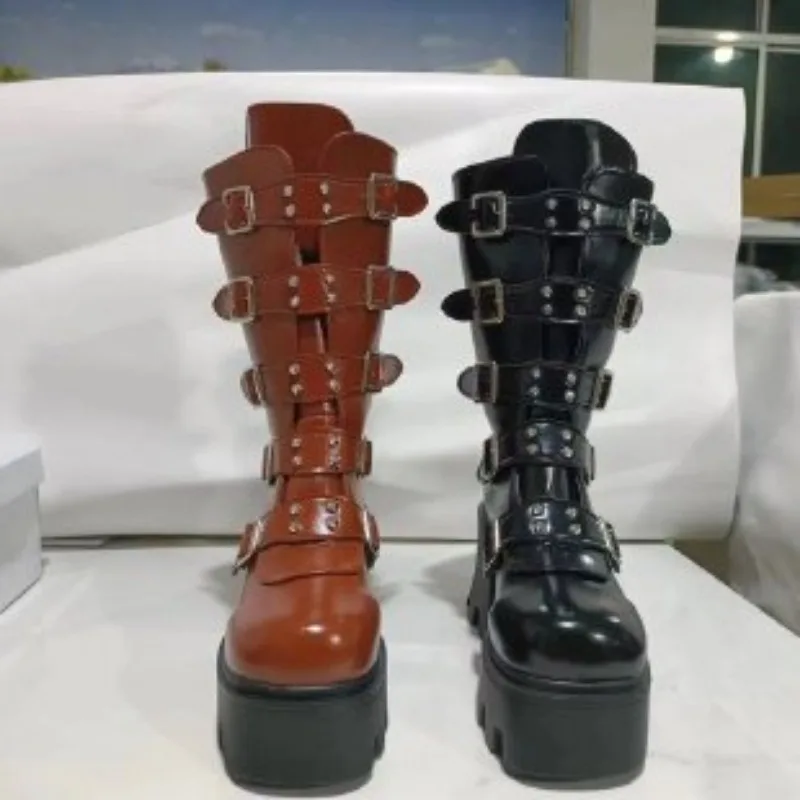 Женская обувь на платформе и Массивном каблуке 2023, Зимние Сапоги в готическом Стиле Больших размеров для Женщин, Модные Женские Ботинки до середины Икры, Botas De Mujer