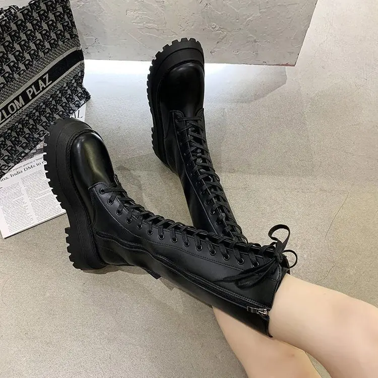 Женские мотоботы на танкетке, туфли на плоской подошве, Женские ботинки из искусственной кожи на платформе и высоком каблуке, Женская обувь на шнуровке, черные ботинки для девочек 2021