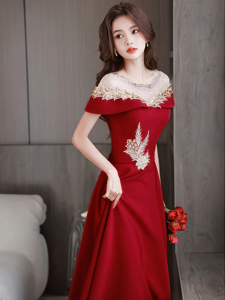 Изысканные аппликации, платье для тостов, свадебное платье в китайском стиле, красное платье А-силуэта с круглым вырезом, платья для помолвки, Элегантные вечерние платья