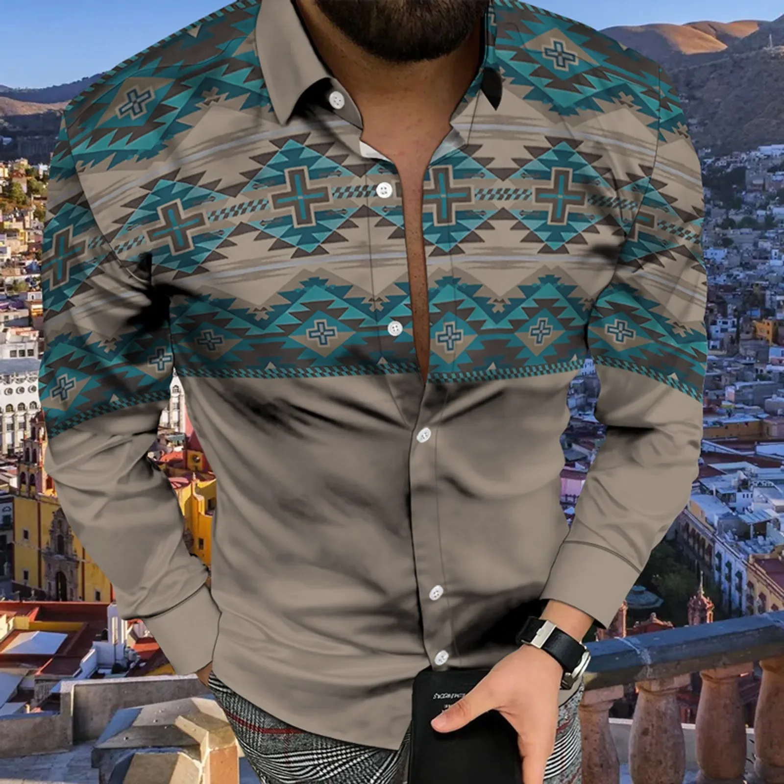 Модные мужские рубашки, повседневная рубашка с отложным воротником и пуговицами, топы с длинными рукавами и этническим принтом, блузки, мужской клубный кардиган