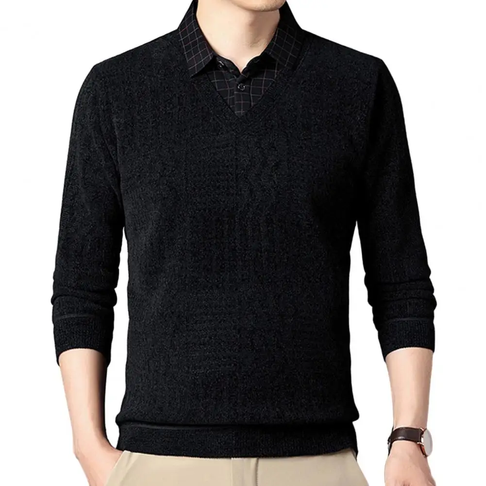 Мужской свитер для отца среднего возраста, искусственный отворот из двух частей, Толстый плюшевый теплый эластичный пуловер на пуговицах, осенне-зимний мужской свитер