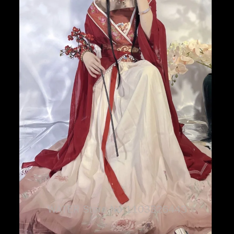 Женские платья WATER Hanfu в традиционном китайском стиле, косплей, Красная длинная юбка с принтом, комплект из 5 предметов, элегантная юбка для вечеринок для девочек, новый