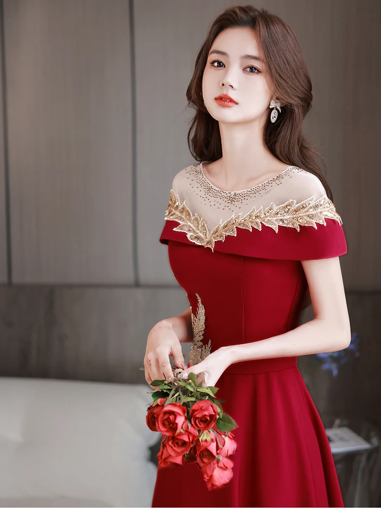 Изысканные аппликации, платье для тостов, свадебное платье в китайском стиле, красное платье А-силуэта с круглым вырезом, платья для помолвки, Элегантные вечерние платья