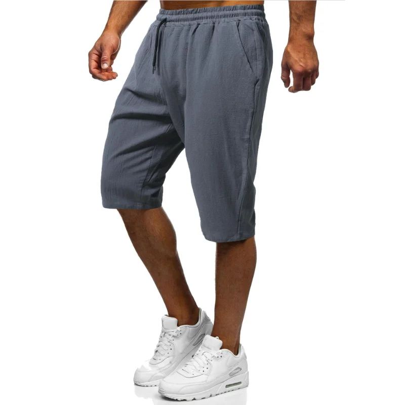 Новые летние пляжные брюки 2023 года, мужские хлопковые спортивные брюки средней длины из конопли, быстросохнущие шорты для фитнеса с завязками