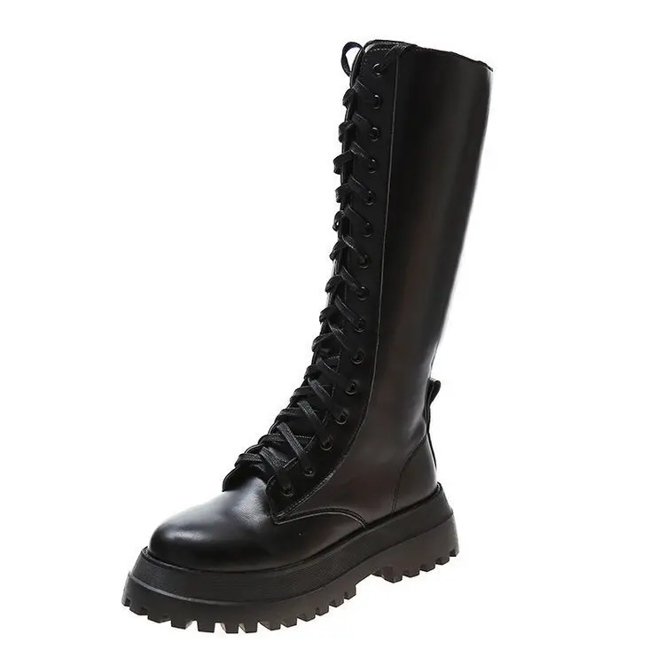 Женские мотоботы на танкетке, туфли на плоской подошве, Женские ботинки из искусственной кожи на платформе и высоком каблуке, Женская обувь на шнуровке, черные ботинки для девочек 2021