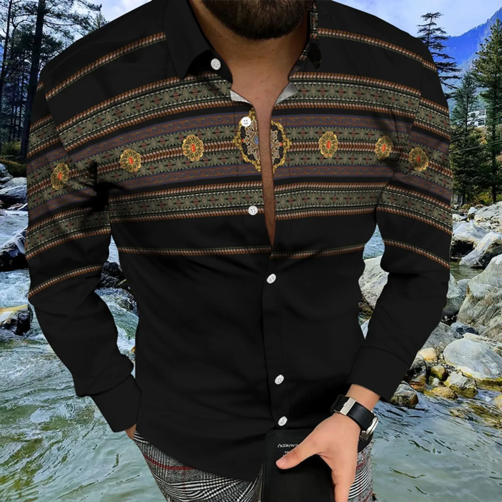 Модные мужские рубашки, повседневная рубашка с отложным воротником и пуговицами, топы с длинными рукавами и этническим принтом, блузки, мужской клубный кардиган