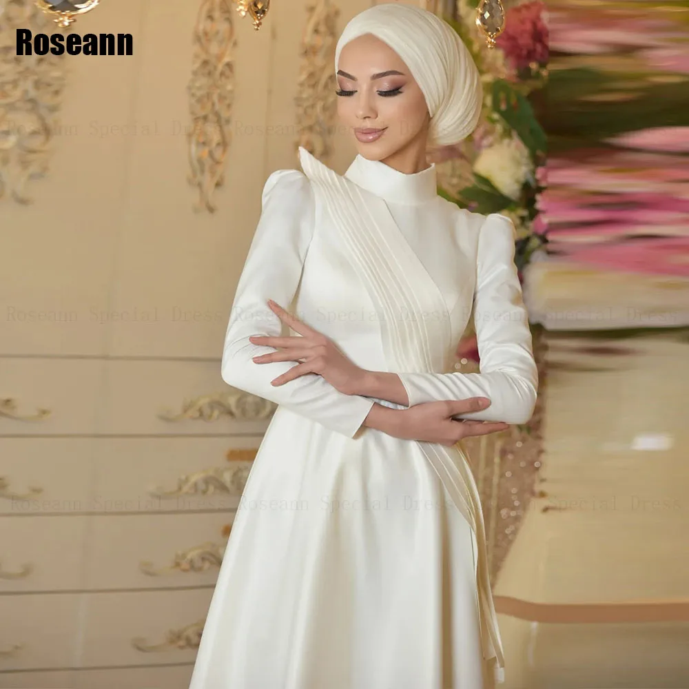 Мусульманские свадебные платья трапециевидной формы цвета слоновой кости с высоким воротником, атласная лента с оборками, шлейф-кисточка Длиной до пола, платье невесты robe de mariée