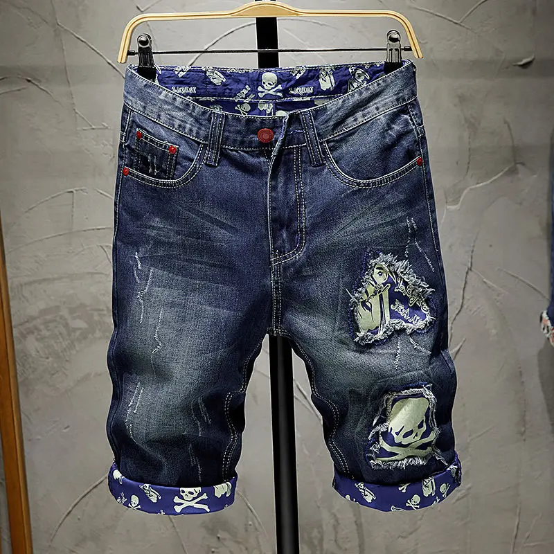Новое поступление, Новые летние джинсовые шорты, мужские шорты с рисунком черепа, рваные джинсовые шорты синего цвета, короткие джинсы для брюк