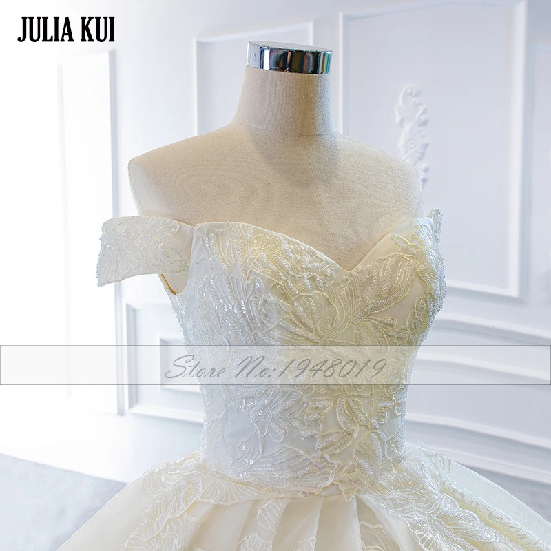 Julia Kui Элегантное бальное платье с аппликацией и вышивкой, Свадебное платье, расшитое бисером, жемчуг с открытыми плечами, Свадебные юбки на шнуровке.