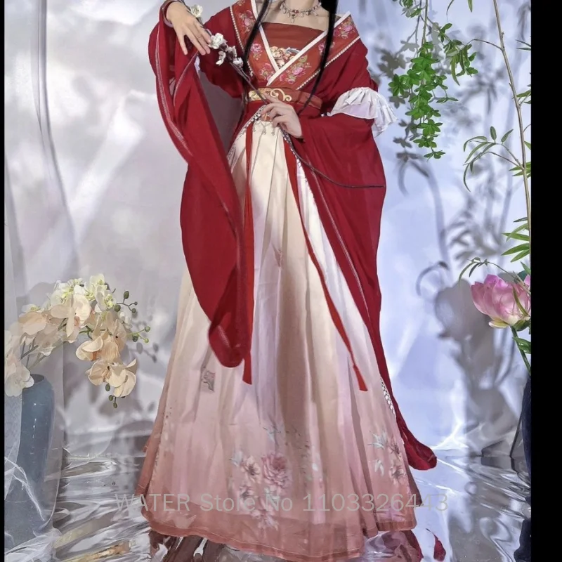 Женские платья WATER Hanfu в традиционном китайском стиле, косплей, Красная длинная юбка с принтом, комплект из 5 предметов, элегантная юбка для вечеринок для девочек, новый