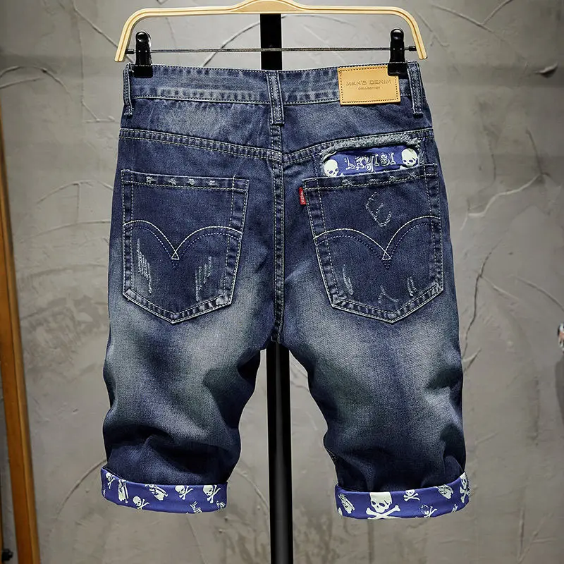 Новое поступление, Новые летние джинсовые шорты, мужские шорты с рисунком черепа, рваные джинсовые шорты синего цвета, короткие джинсы для брюк