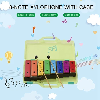 1 комплект 8-нотного ксилофона, красочный съемный глокеншпиль из металла радужного цвета с пластиковыми молотками, зеленый корпус