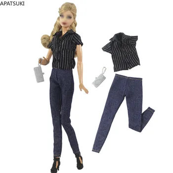 1 комплект Блузки в полоску, топ и джинсовые брюки, Сумочка для одежды куклы Барби, модные Наряды, аксессуары для кукол, игрушки для кукол 1/6.