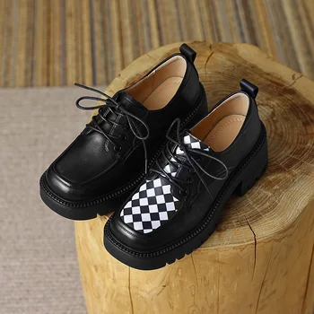 2023 Женская обувь на платформе Из Коровьей Кожи на Высоком Каблуке в Черную Клетку на Толстой Подошве