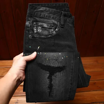 2024 Новые рваные черно-серые джинсы с брызгами, мужские уличные трендовые облегающие заплатки с царапинами, Популярные мужские качественные брюки