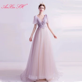AnXin SH princess светло-фиолетовое кружевное винтажное расшитое бисером платье с хрустальным цветком без рукавов и оборками, вечернее платье невесты трапециевидной формы 5716