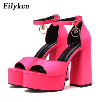 Eilyken, Новые дизайнерские Шелковые Женские Босоножки с открытым носком, Летние пикантные туфли на платформе в уличном стиле, треугольные Туфли на толстом высоком каблуке.
