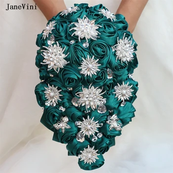JaneVini 2024 Темно-Зеленые Цветы Каскадные Букеты Невесты Роскошные Бриллиантовые Искусственные Атласные Розы Водопад Свадебный Букет Невесты