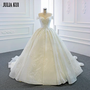 Julia Kui Элегантное бальное платье с аппликацией и вышивкой, Свадебное платье, расшитое бисером, жемчуг с открытыми плечами, Свадебные юбки на шнуровке.