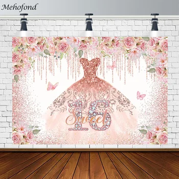 Mehofond Sweet 16 Background Блестящее платье, украшение для вечеринки, девушка, розовый цветок, женский день рождения, фоновая фотография, фотостудия