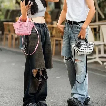 NIGO Мужская женская мода с отверстиями в стиле ретро, свободные повседневные широкие джинсовые брюки с выстиранными прямыми штанинами Ngvp #nigo6676