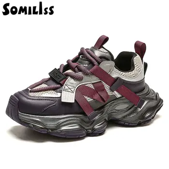 SOMILISS/ Женская обувь на массивной платформе из микрофибры с круглым носком на шнуровке, осенне-зимние модные повседневные кроссовки на платформе