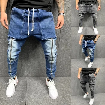 TPJB Мужские брюки в стиле хип-хоп, обтягивающие джинсы с большим карманом, джинсы на молнии, тонкие джинсы высокого качества, повседневные спортивные джинсы-корсеты M-3XL