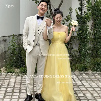 XPAY Светло-желтые вечерние платья трапециевидной формы без бретелек для корейской леди, свадебные платья со складками, вечернее платье для выпускного вечера на заказ, большие размеры