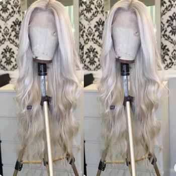 Zxbmalwigs Пепельно-светлый парик с объемной волной из синтетических волос на кружеве для женщин, бесклеевые волокнистые волосы, Прозрачные кружевные парики