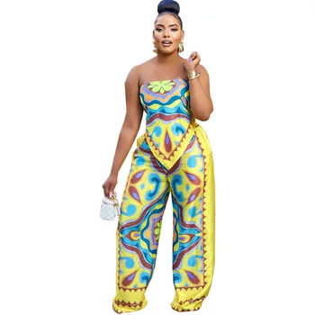 Африканская одежда для женщин, Летние Сексуальные африканские наряды Дашики, уличная одежда без рукавов с принтом, топ, Длинные брюки, комплекты из 2 предметов