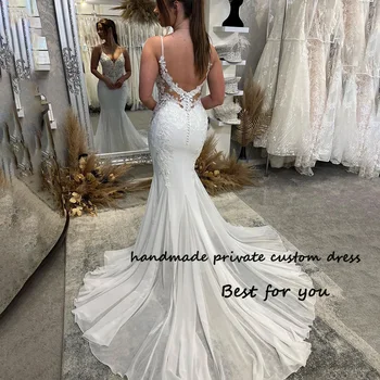 Белые свадебные платья Русалки для невесты на бретельках с V-образным вырезом, пляжное платье невесты, кружевные аппликации, Атласные свадебные платья в стиле бохо