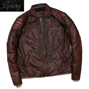 Бесплатная доставка 2024, новая коричневая куртка из натуральной кожи в винтажном стиле, мужская мотоциклетная байкерская куртка, тонкая модная одежда