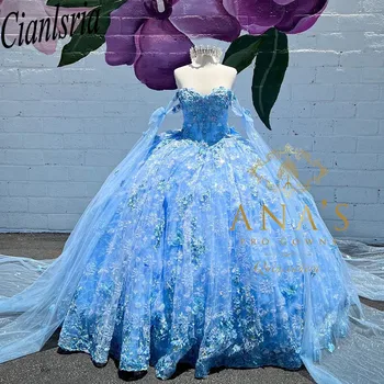 Блестящее Небесно-Голубое Бальное Платье Принцессы, Пышные Платья 2023, Аппликации, Бретельки, Расшитое Блестками, Vestidos De 15 Años
