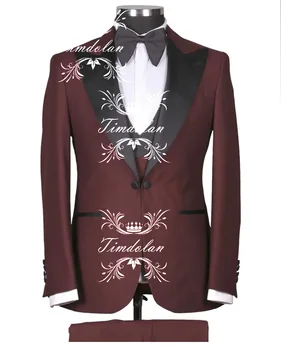 Бордовый Полный мужской костюм, свадебный костюм Жениха, Приталенный Мужской Блейзер для выпускного вечера, брюки, Повседневная одежда из 3 предметов, куртка, брюки, жилет