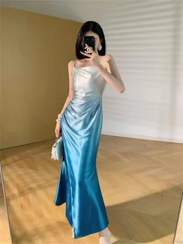 Вечернее платье на подтяжках для особых случаев Градиентно-синего сплошного цвета Можно настроить по индивидуальному заказу Атласное элегантное 2023 г.