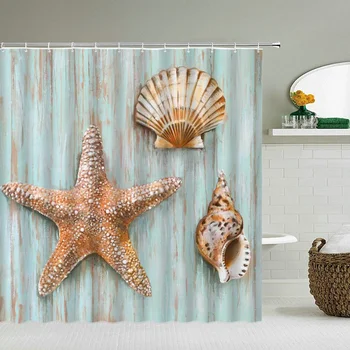 Водонепроницаемые занавески для душа в виде морской звезды, занавески для ванной на морском пляже, 3D-печать с крючками, 180 * 180 см, Моющаяся ткань