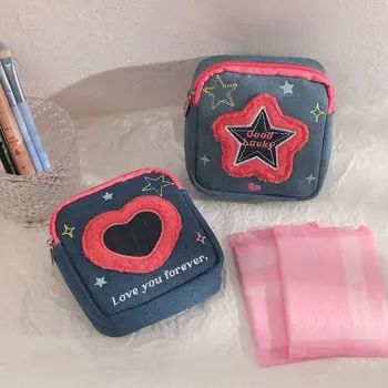 Вышитый Джинсовый кошелек для монет Мода Love Heart Star Тканевый кошелек Y2K Сумка для гигиенических салфеток Косметичка для девочек