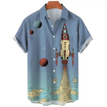 Гавайские Рубашки С Принтом Ракеты Camisas De Verano Para Hombres Harajuku Мультяшная Рубашка Для Мужчин Высокого Качества Летняя Новая Мужская Одежда
