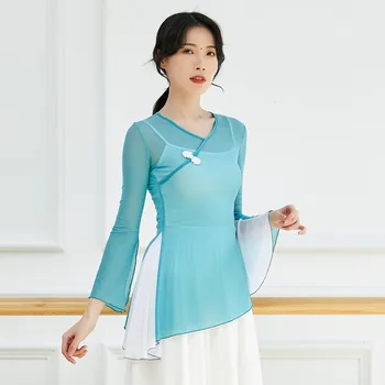 Газовая рубашка для классических танцев с V-образным вырезом и длинным рукавом, одежда для занятий китайскими народными танцами Контрастного цвета, блузка для современных танцев