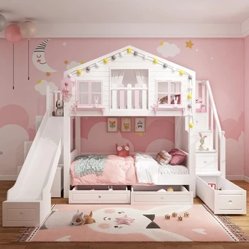 Детская двухъярусная кровать-домик на дереве в британском стиле, современная высокая и низкая кровать-замок принцессы из массива дерева