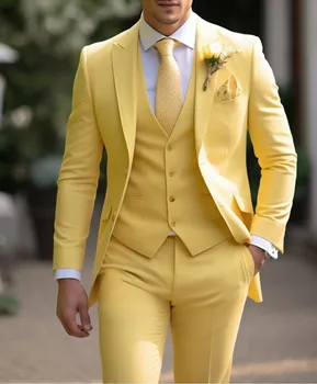 Желтый смокинг Жениха, Жених на свадьбе, мужские Деловые костюмы, приталенное платье из 3 предметов