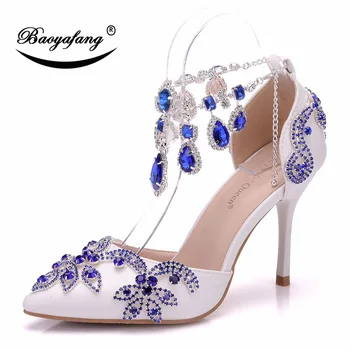 Женская обувь BaoYaFang с ремешком на щиколотке и кисточками из королевского синего хрусталя; модные женские свадебные туфли на тонком каблуке; туфли с пряжкой и кристаллами;