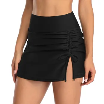 Женская плавательная юбка с высокой талией и встроенными трусами, Спортивная юбка для плавания с разрезом и завязками плавки женские пляжные