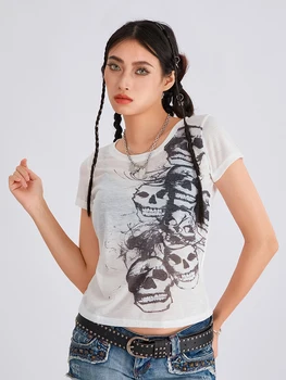 Женская рубашка с черепом на Хэллоуин, Винтажные футболки с коротким рукавом и V-образным вырезом, блузки, одежда в стиле гот, панк-рок, гранж.