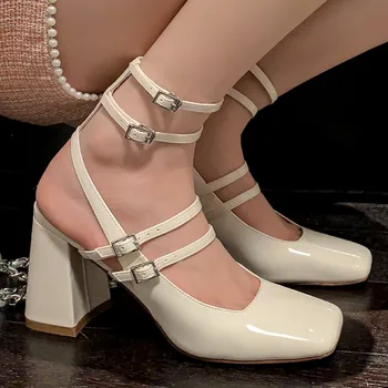 Женские босоножки из натуральной кожи с ремешком на щиколотке, на высоком каблуке с квадратным носком толщиной 8 см, летние туфли-лодочки 2023 года, элегантные женские модельные туфли для женщин