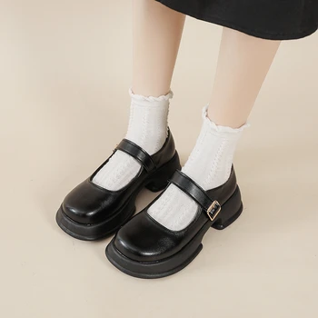 Женские туфли в стиле Лолита Мэри Джейн 2023 Летние женские туфли на платформе с металлической пряжкой, черное платье JK, мягкие кожаные студенческие туфли