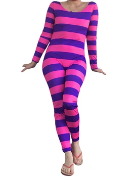 Женский костюм Чеширского кота на Хэллоуин, Розовый, фиолетовый, полосатый комбинезон с длинным рукавом, наряд для косплея, Фестивальные костюмы