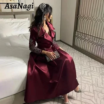 Женское платье для выпускного вечера AsaNagi трапециевидной формы, расшитое бисером, атласные вечерние платья для вечеринок, Саудовское платье для особых случаев с длинным рукавом и пуговицами на V-образным вырезом 2024